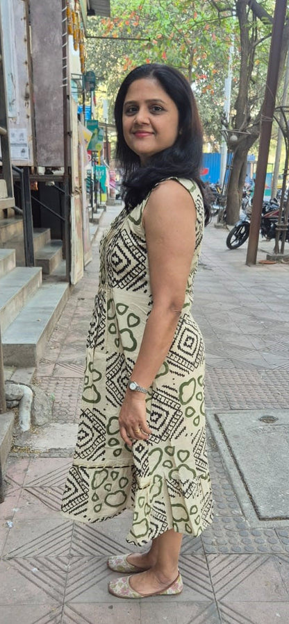 Off White Pure Cotton Hand Block Printed One Piece