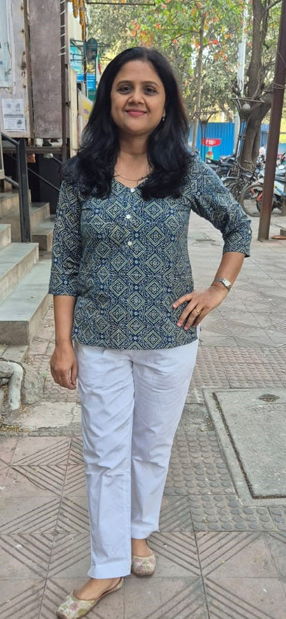 Indigo Cotton Ajrakh Short Top