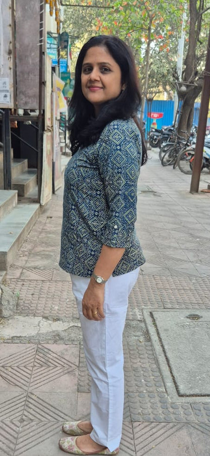 Indigo Cotton Ajrakh Short Top