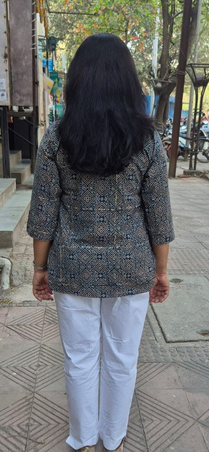 Indigo Cotton Ajrakh Short Top