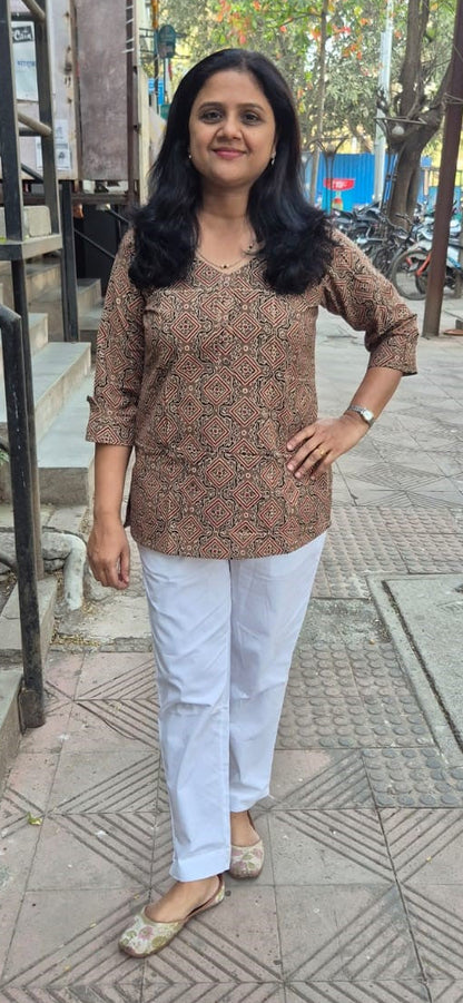 Brown Cotton Ajrakh Short Top