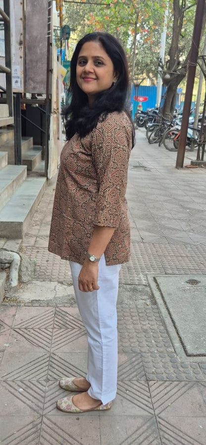 Brown Cotton Ajrakh Short Top