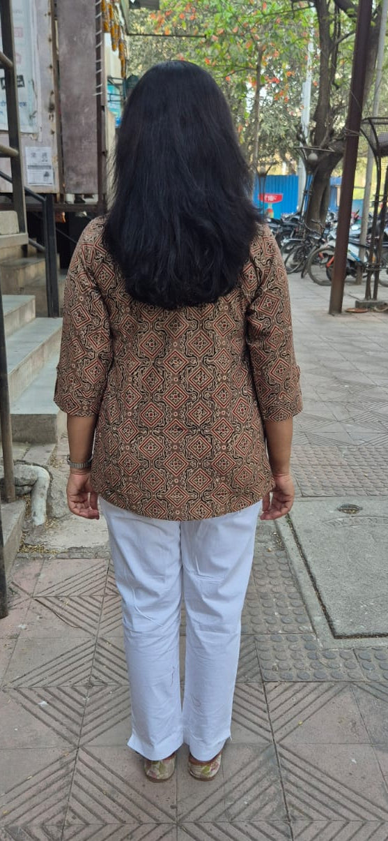 Brown Cotton Ajrakh Short Top