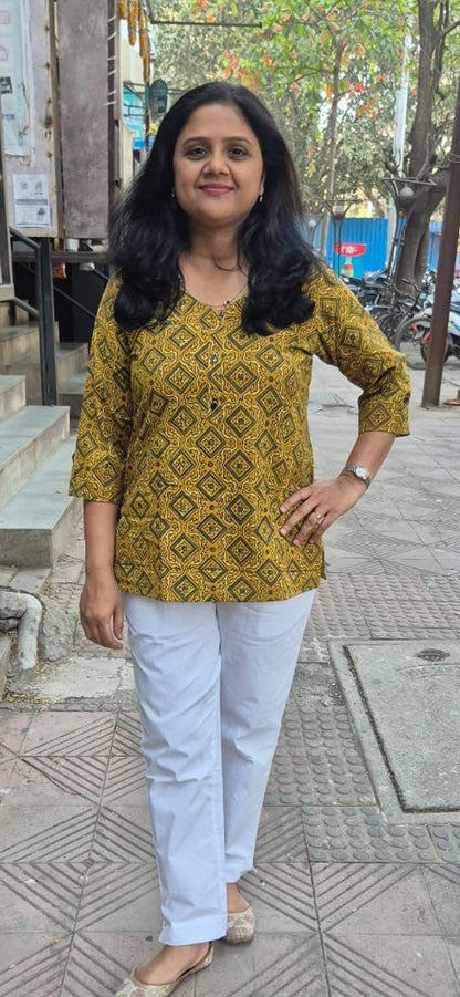Mustard Yellow Cotton Ajrakh Short Top