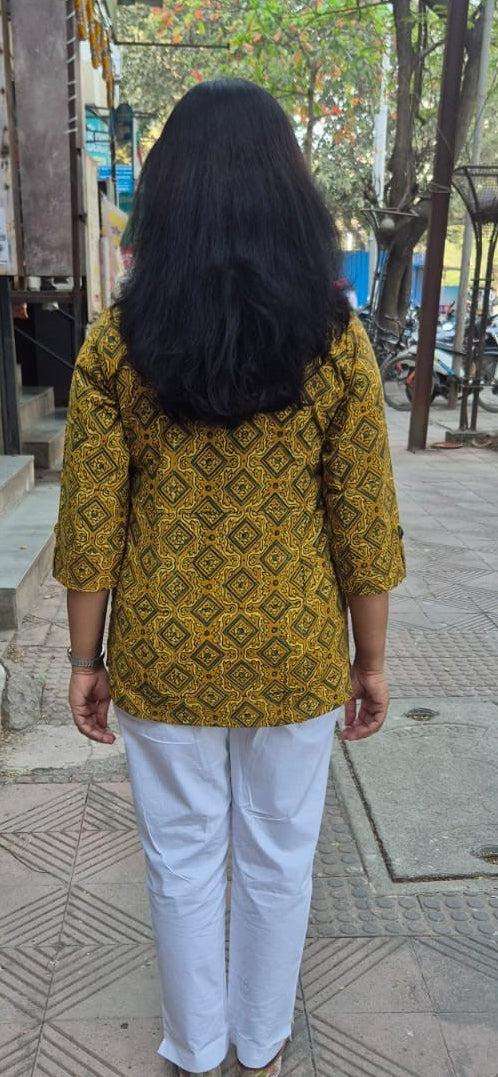 Mustard Yellow Cotton Ajrakh Short Top