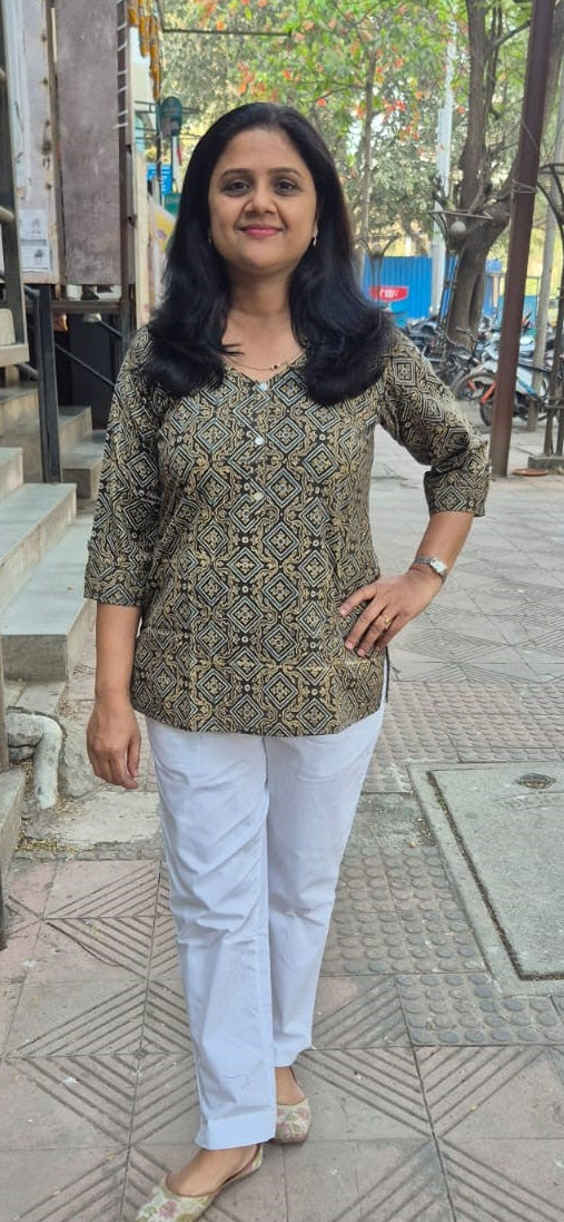 Gray Brown Cotton Ajrakh Short Top