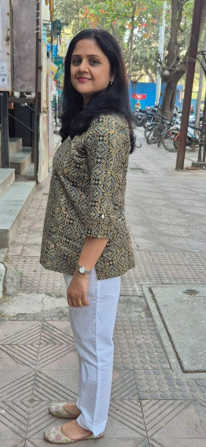 Gray Brown Cotton Ajrakh Short Top