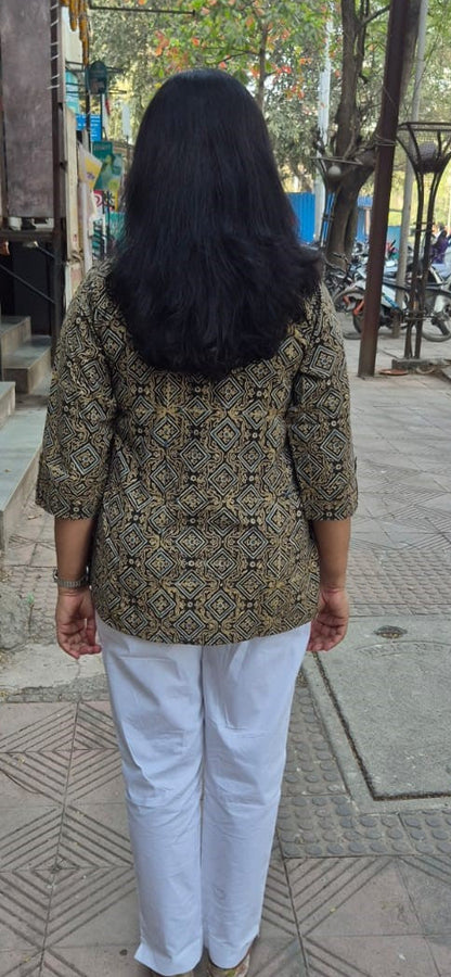 Gray Brown Cotton Ajrakh Short Top