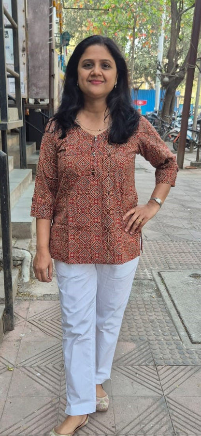 Maroon Cotton Ajrakh Short Top