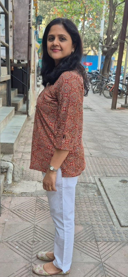 Maroon Cotton Ajrakh Short Top