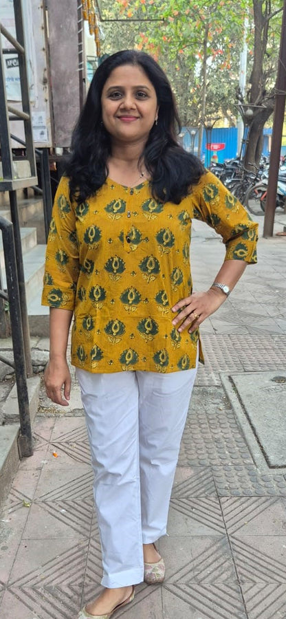 Mustard Yellow Cotton Ajrakh Short Top