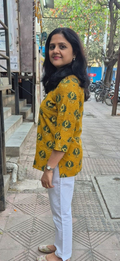 Mustard Yellow Cotton Ajrakh Short Top