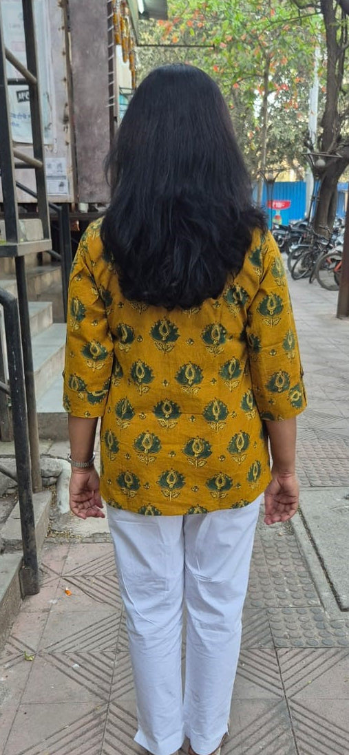 Mustard Yellow Cotton Ajrakh Short Top