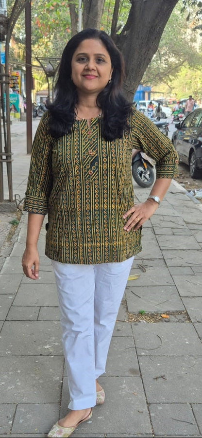 Green Cotton Ajrakh Short Top