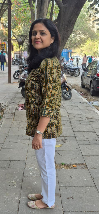 Green Cotton Ajrakh Short Top