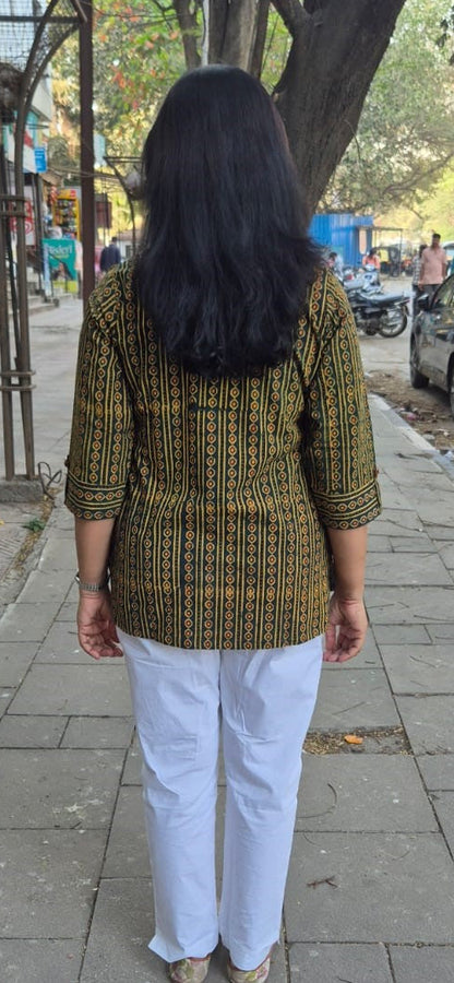 Green Cotton Ajrakh Short Top