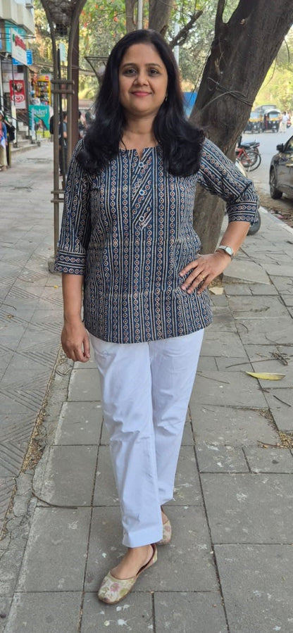Indigo Cotton Ajrakh Short Top