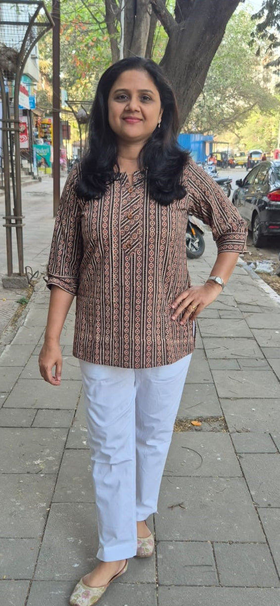 Brown Cotton Ajrakh Short Top