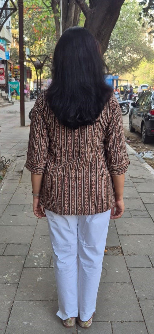 Brown Cotton Ajrakh Short Top