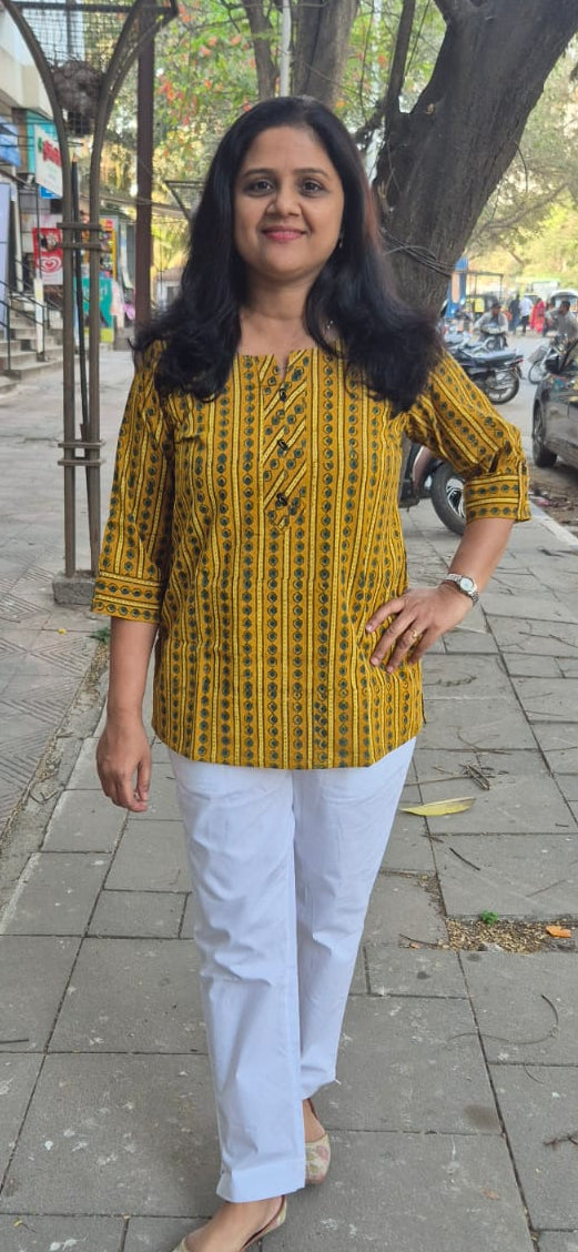 Mustard Yellow Cotton Ajrakh Short Top