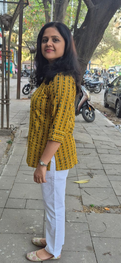 Mustard Yellow Cotton Ajrakh Short Top