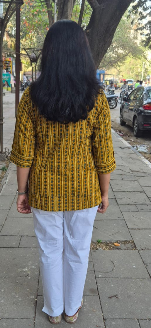 Mustard Yellow Cotton Ajrakh Short Top