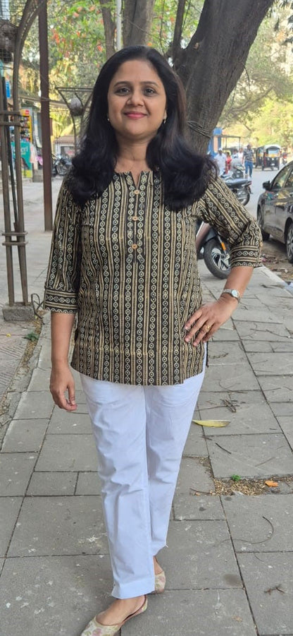 Gray Brown Cotton Ajrakh Short Top