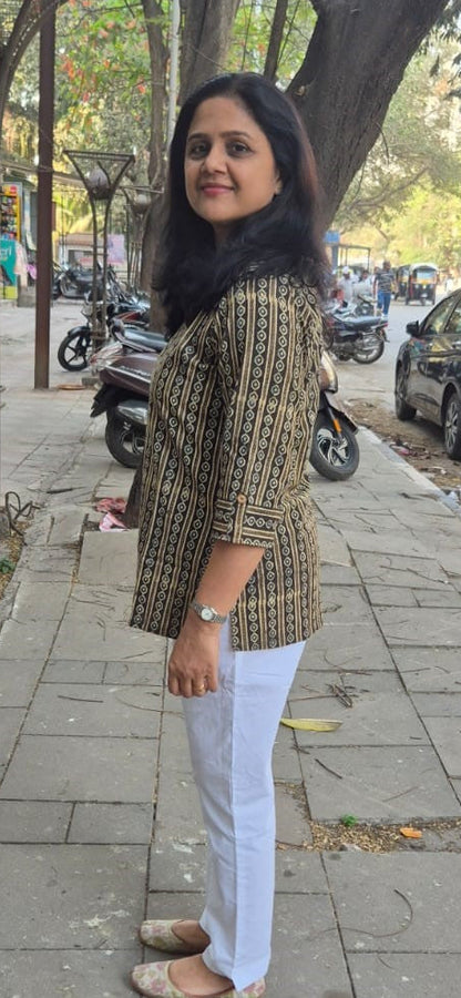 Gray Brown Cotton Ajrakh Short Top
