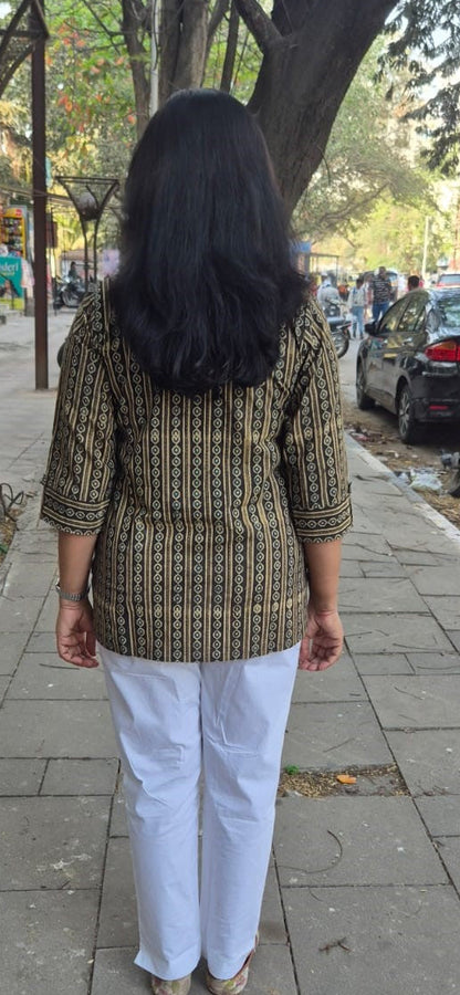 Gray Brown Cotton Ajrakh Short Top