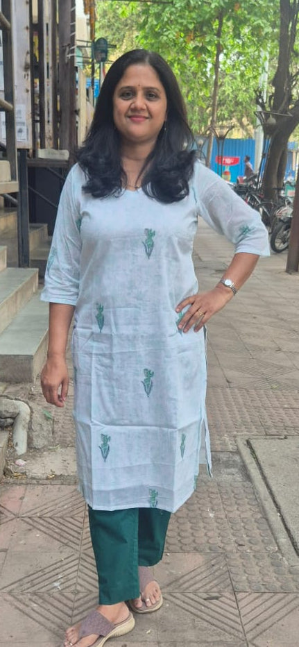 White Block Printed Mul Cotton Kurta