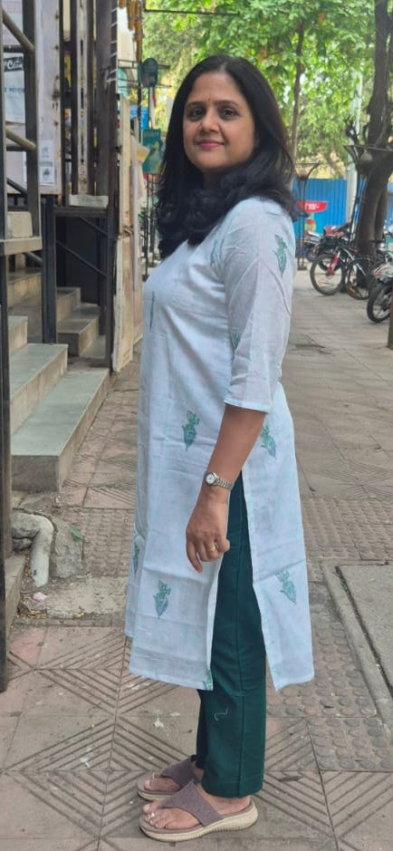 White Block Printed Mul Cotton Kurta