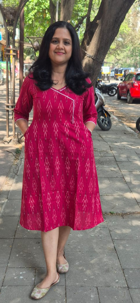 Red Handloom Ikkat One Piece