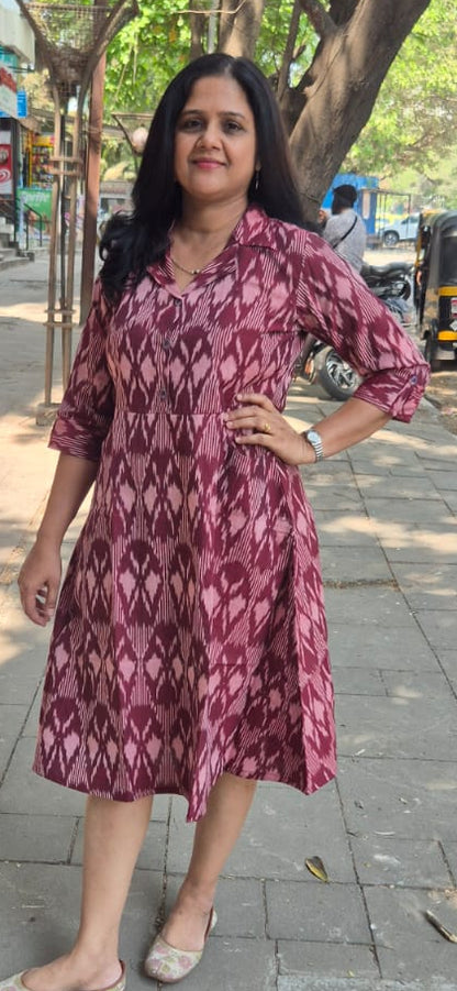 Maroon Handloom Ikkat One Piece