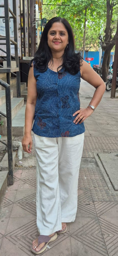 Indigo Block Printed Slub Ajrakh Shirt