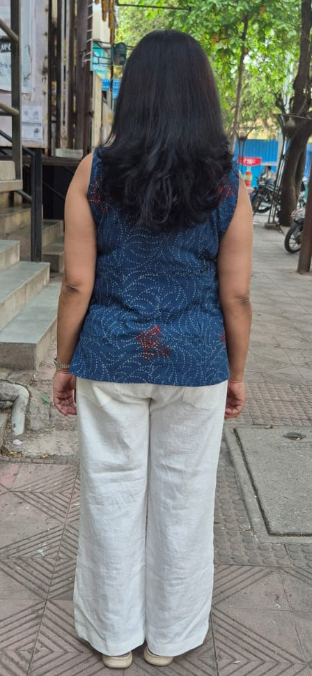 Indigo Block Printed Slub Ajrakh Shirt