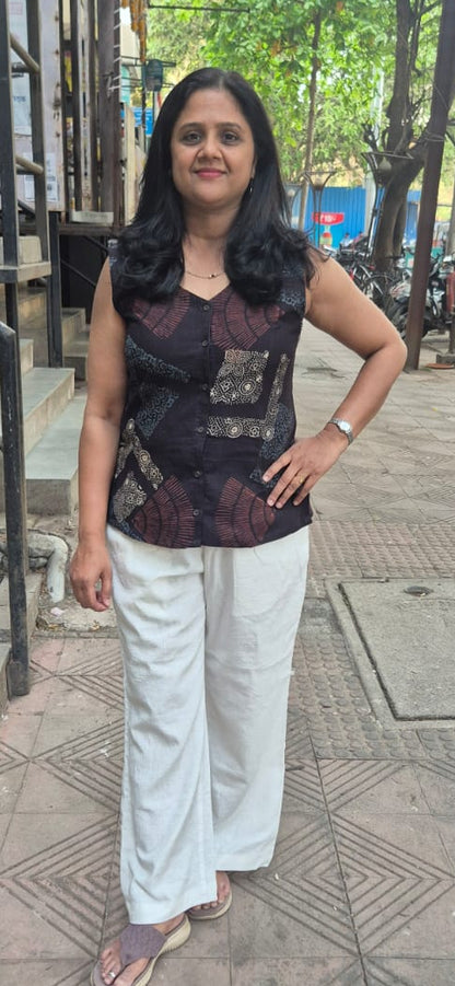 Black Block Printed Slub Ajrakh Shirt