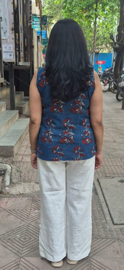 Indigo Block Printed Slub Ajrakh Shirt
