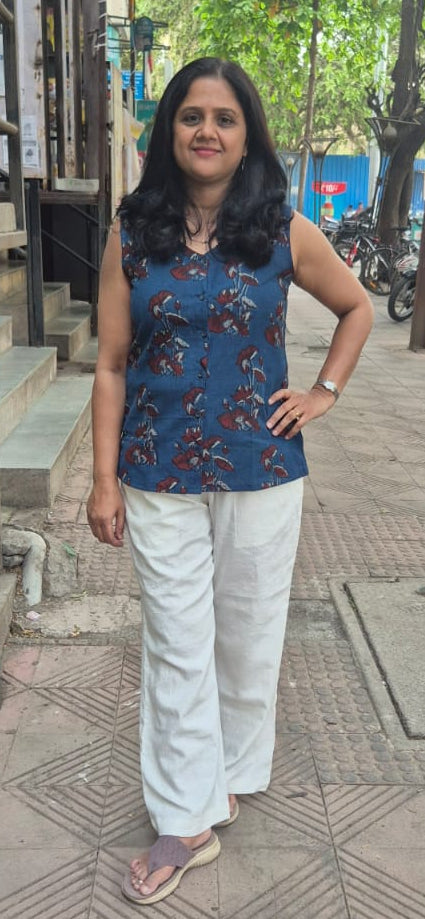 Indigo Block Printed Slub Ajrakh Shirt