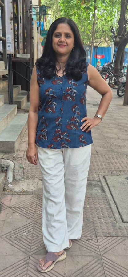 Indigo Block Printed Slub Ajrakh Shirt