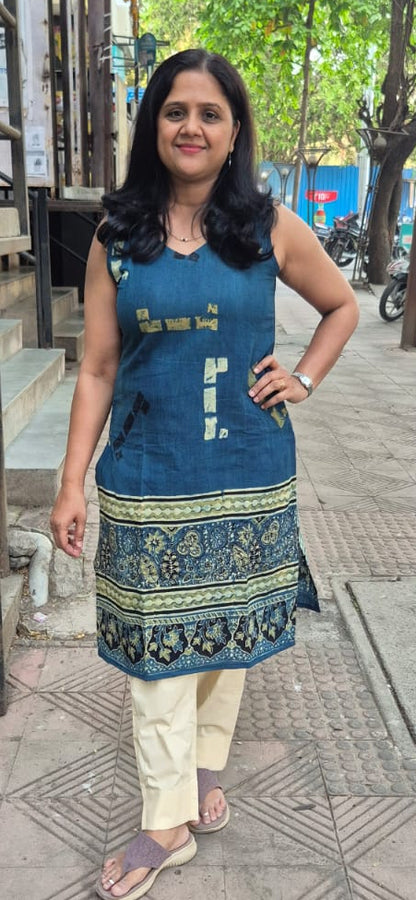 Indigo Block Printed Slub Cotton Sleeveless Kurta