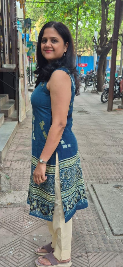 Indigo Block Printed Slub Cotton Sleeveless Kurta