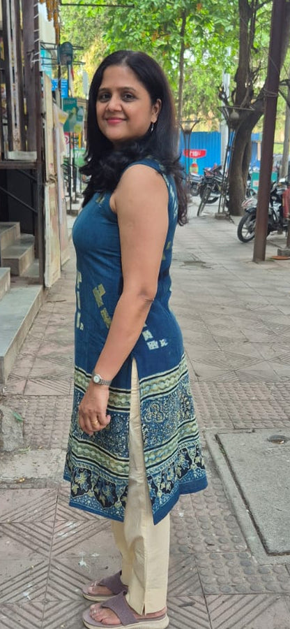 Indigo Block Printed Slub Cotton Sleeveless Kurta