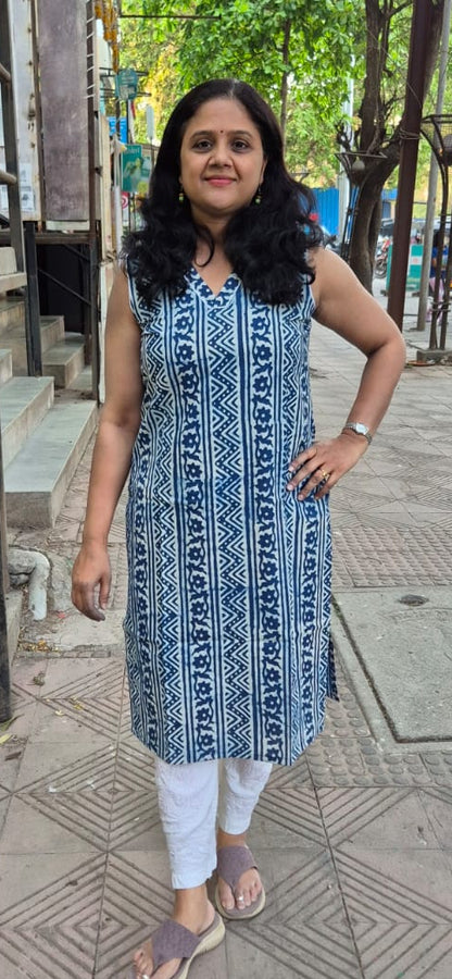 Indigo Pure Cotton Printed Sleeveless Kurta