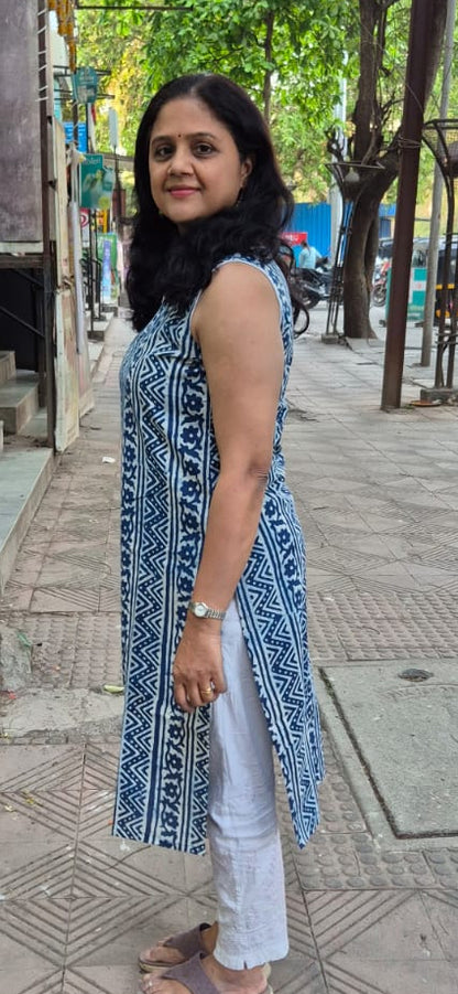 Indigo Pure Cotton Printed Sleeveless Kurta