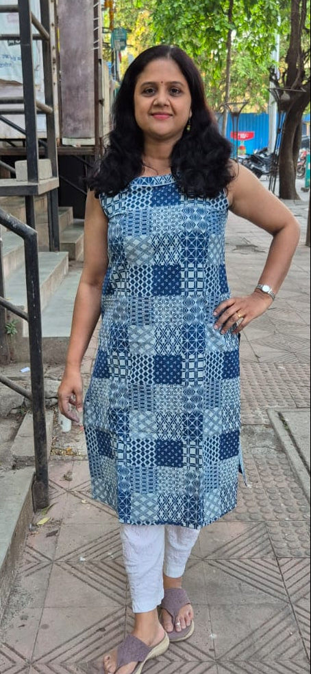 Indigo Pure Cotton Printed Sleeveless Kurta