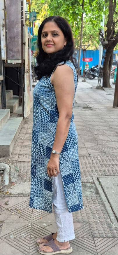 Indigo Pure Cotton Printed Sleeveless Kurta