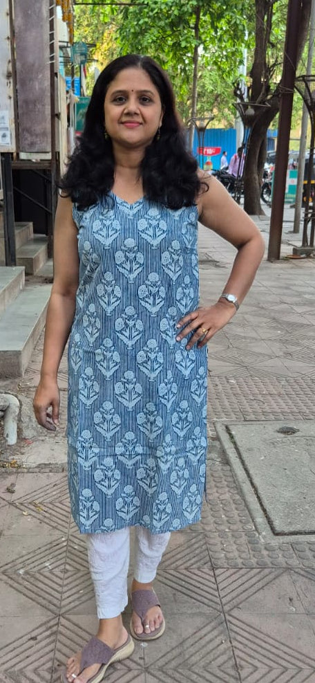 Indigo Pure Cotton Printed Sleeveless Kurta