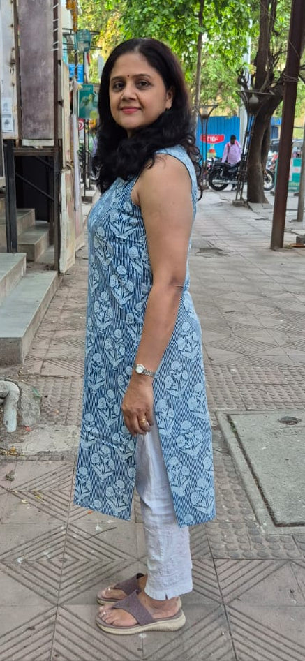 Indigo Pure Cotton Printed Sleeveless Kurta