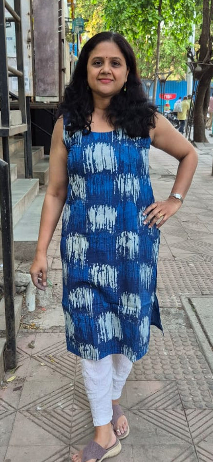 Indigo Pure Cotton Printed Sleeveless Kurta