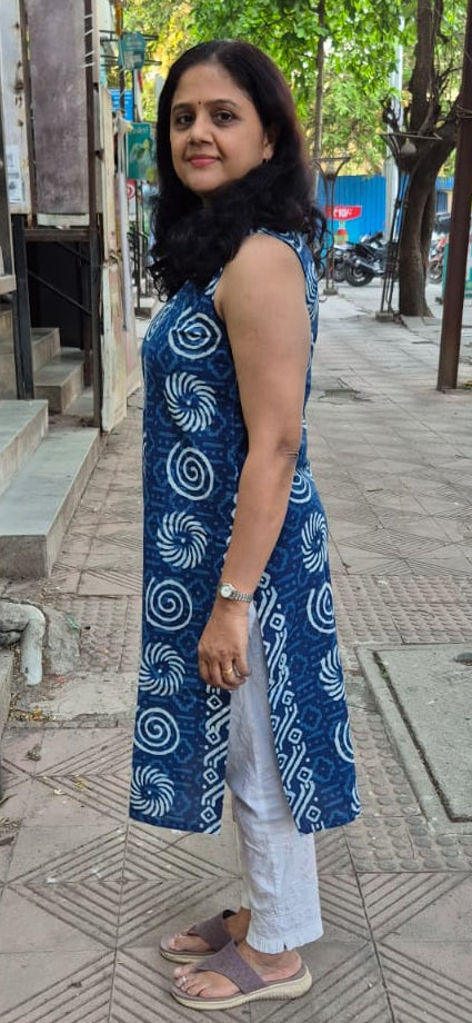 Indigo Pure Cotton Printed Sleeveless Kurta